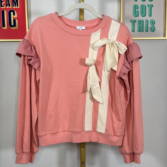 Pink Ruffle Sweatshirt with Cream Bows - Picture 6 of 10